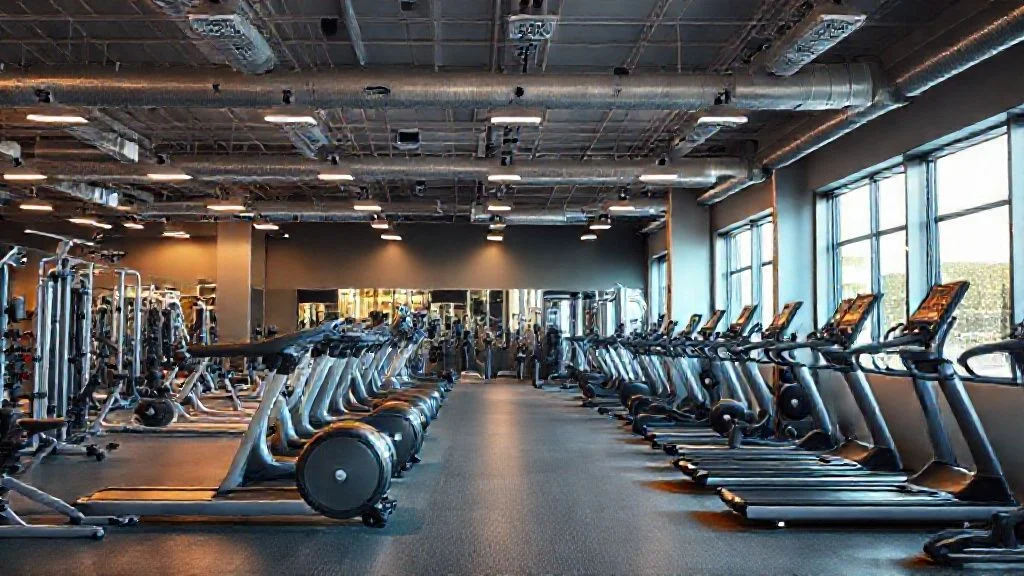 A breathtaking, hyper-realistic 3D render of a minimalist, futuristic smart gym interior bathed in ethereal, soft dawn light. Sunlight streams through large, curved panoramic windows, illuminating sleek, matte black fitness equipment (e.g., a smart treadmill with a holographic data display, a multi-functional strength machine with subtle biometric sensor lights, a connected stationary bike). The aesthetic is one of clean lines, advanced materials, and an aspirational, serene atmosphere.
